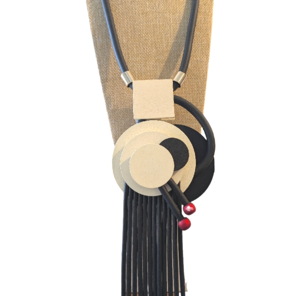 Funky Black And White Stacked Circles Necklace, Tassels, Red Accents